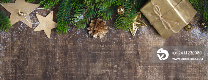 Christmas frame, wooden background