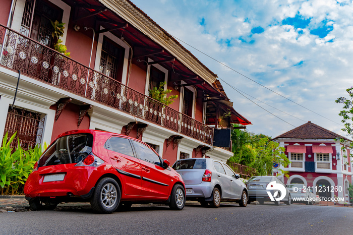 Car parked in the beautiful street of Fontainhas Goa