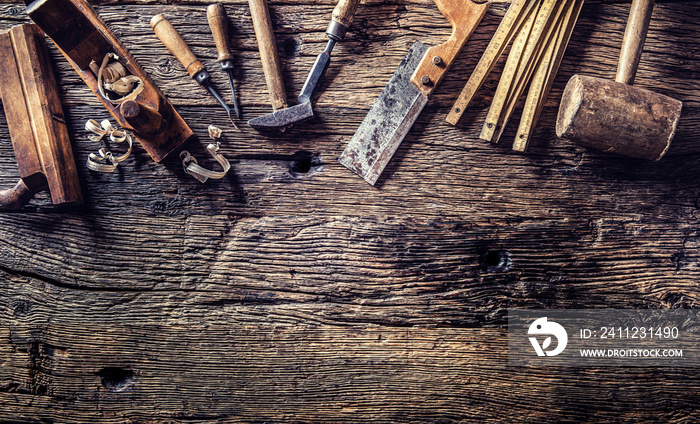 Top of view vintage carpenter tools in a carpentry workshop