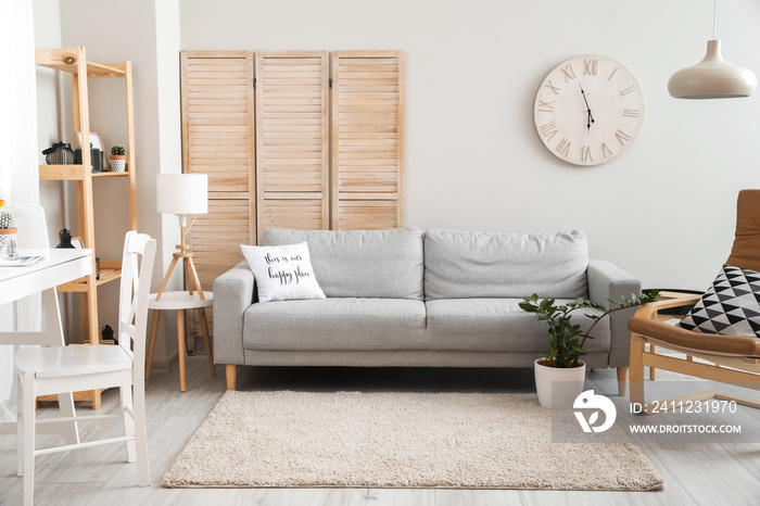 Interior of modern living room with wooden stadiometer