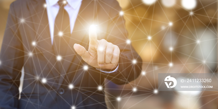 Businessman hands touching point network connection on blurred background. Wireless connect futurist