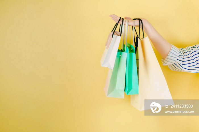 web banner mid season sale and shopping activity from hand hold the shopping bag with copy space and