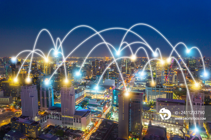 digital data network connection over smart city and communication network over skyline in business z