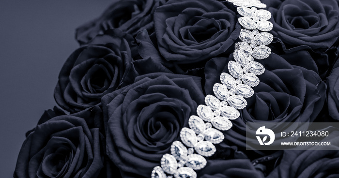 Luxury diamond jewelry bracelet and black roses flowers, love gift on Valentines Day and jewellery b