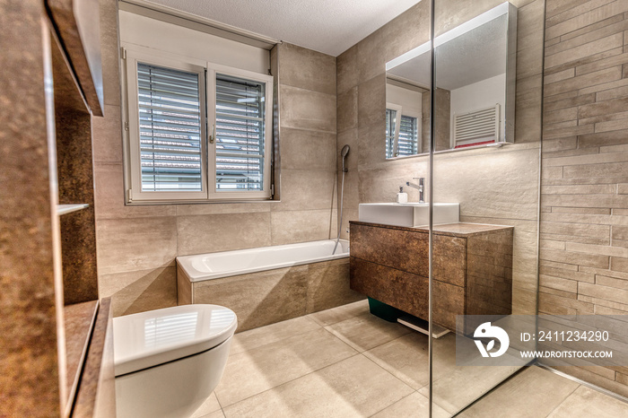 Interior of a modern bathroom with brown furniture