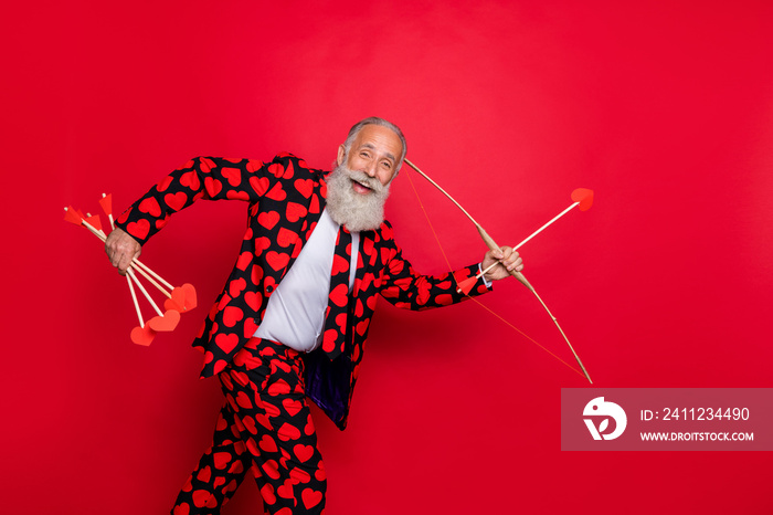 Profile photo of excited funky aged man guy cupid see nice couple going to shoot love bow arrow wear