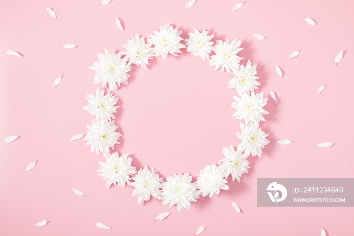 Beautiful flowers composition. Spring minimal concept. White flowers on pastel pink background. Vale