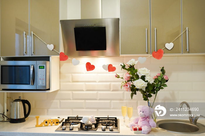 Valentines Day and kitchen interior, decor of hearts and flowers