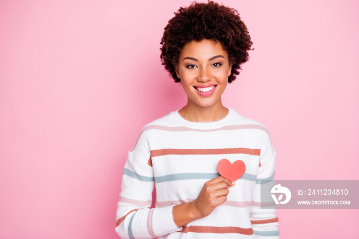 Photo of toothy fascinating cute charming nice black youngster showing her love heart red shape smil