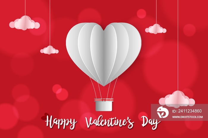 Vector illustration, Paper art of Valentine invitation or greeting card with hot air balloons heart 