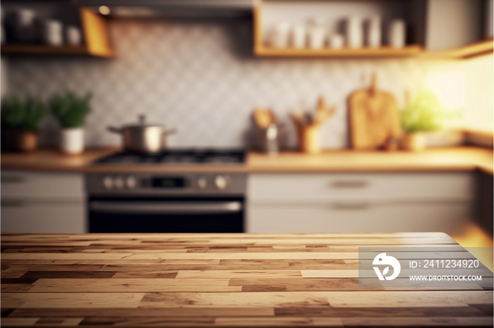 Wood table top on blur kitchen counter (room)background.