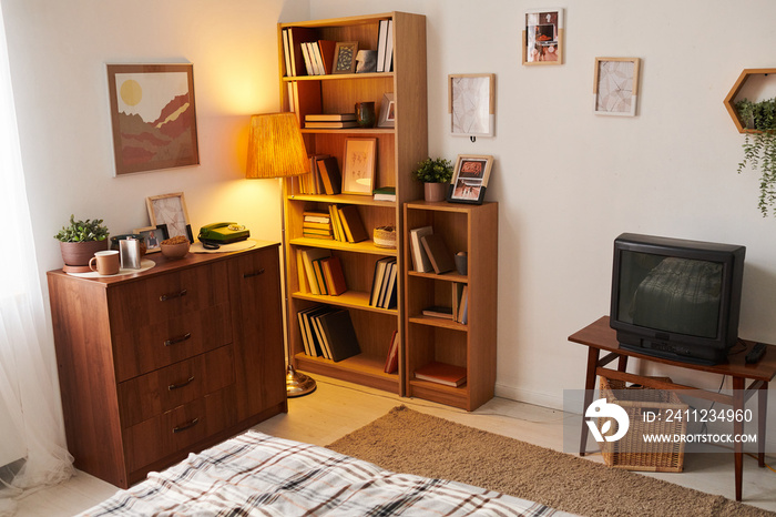 Part of living-room or bedroom with tv set, wooden shelves with books, chest of drawers and painting