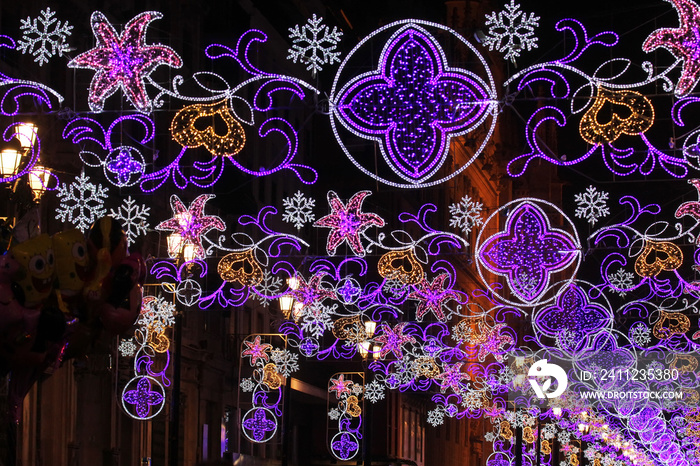 Seville, Spain. Downtown street illuminated