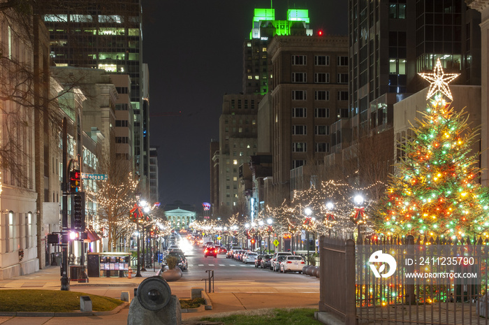 Christmas lighting in downtown Raleigh at night