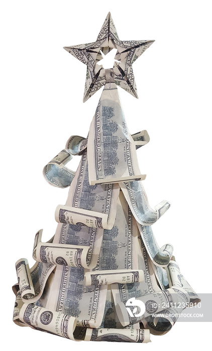 Money Christmas tree with star on top on white background isolated