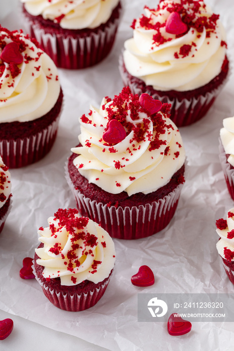 Red velvet cupcakes on a marble board