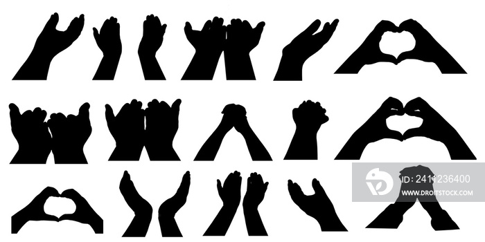 Collection of Hand  silhouettes isolate on with background. Hand  silhouettes pray.