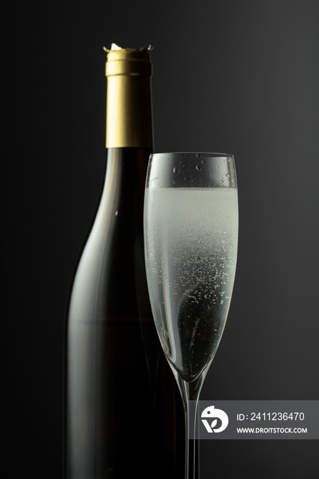 Bottle and glass of champagne on a black background.