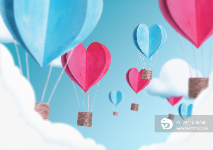 illustration of balloons in the shape of hearts flying in the sky.