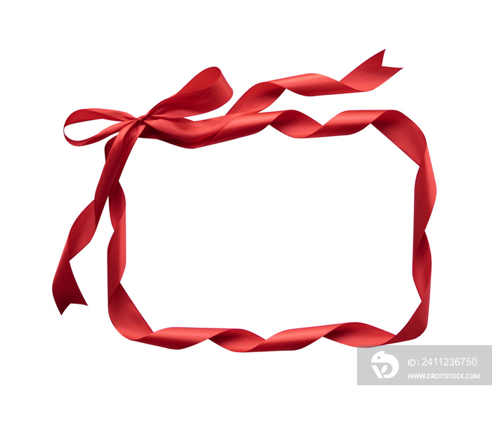 Red ribbon frame with bow in rectangle shape isolated