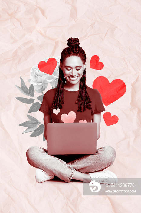 Exclusive magazine picture sketch image of smiling happy lady typing modern device getting love mess