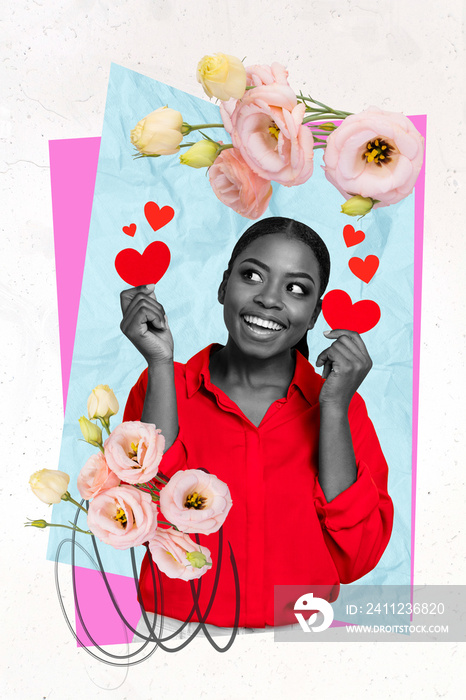 Collage artwork graphics picture of dreamy cute lady excited getting 14 february gifts isolated pain