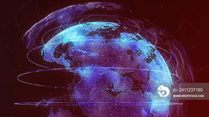 Futuristic digital earth and spins with network nodes connecting and circling the globe. Modern digi