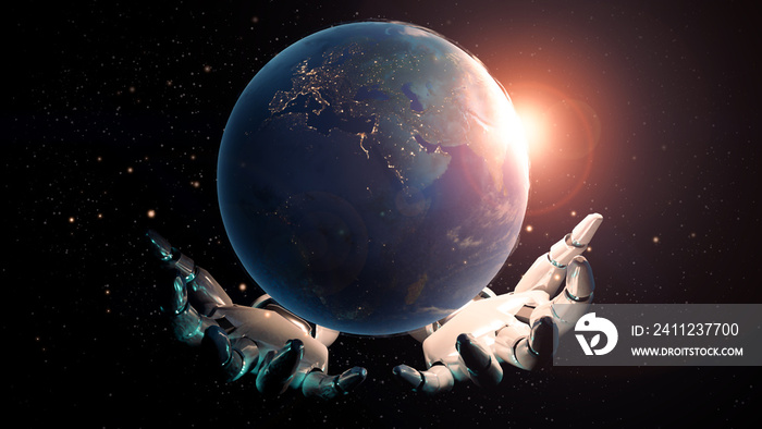 Artificial intelligence mechanical robot hand holding global world in space with sun shine, communic