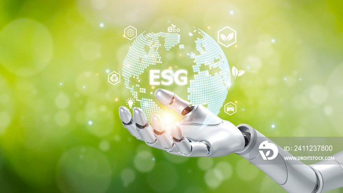 Artificial intelligence mechanical robot hand unity holding the earth with ESG text, world developme