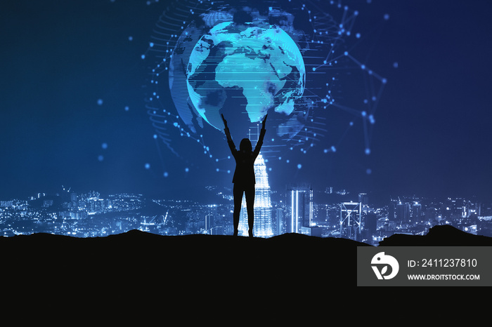 Backlit businesswoman holding glowing earth hologram on dark night city background. Global innovatio