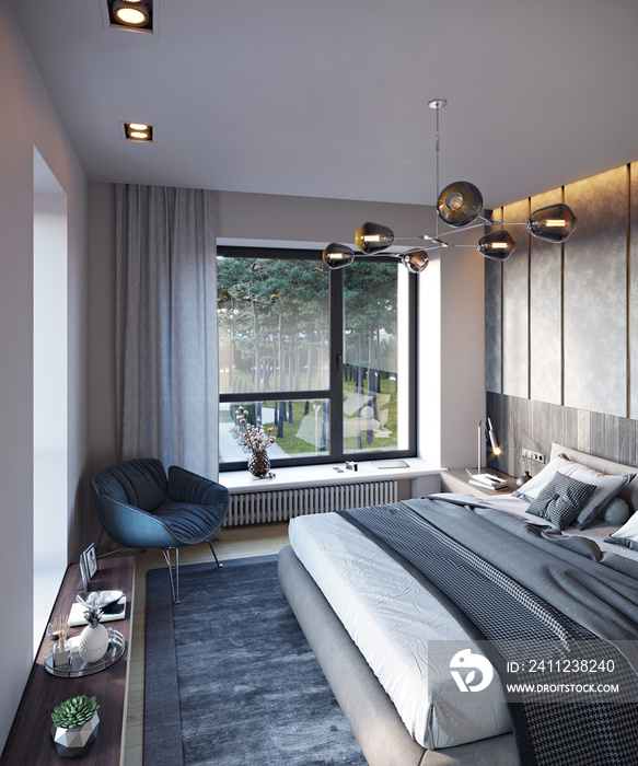 3d rendering of a modern bedroom of a private house, room with a view