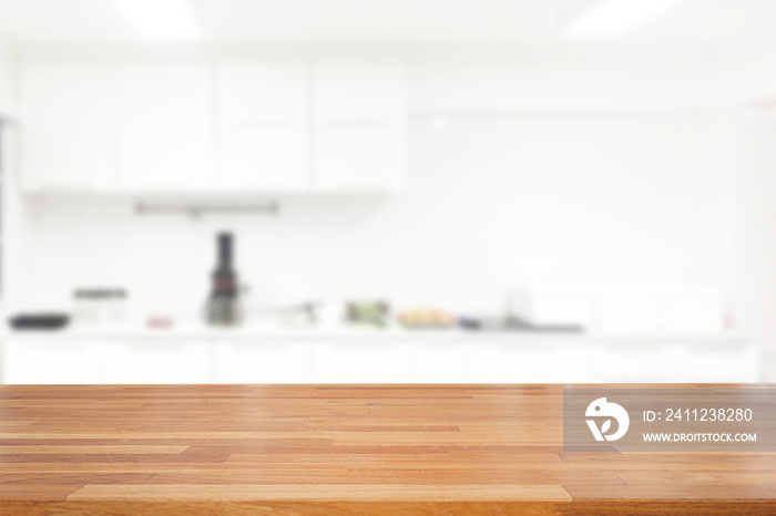 Empty wooden and table on abstract white modern kitchen background with shelf, product display, Read