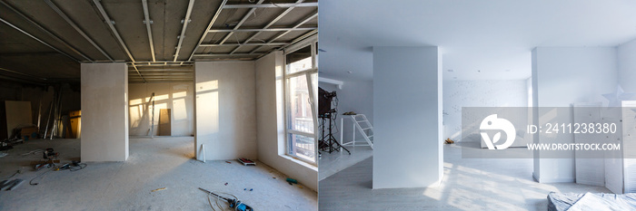 flat renovation, empty room before and after refurbishment old and new interior