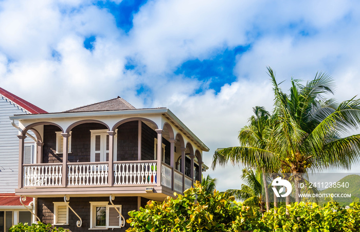 Colorful houses in the Orient Bay district on the island of Saint Martin in the Caribbean