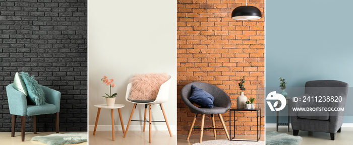 Collage of cozy armchairs in minimalist interiors of room