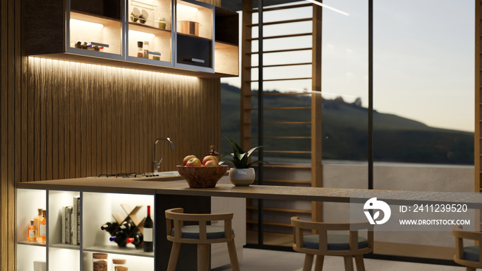 Modern contemporary kitchen with wood tabletop, stools, sink, built-in shelves, wood plank wall