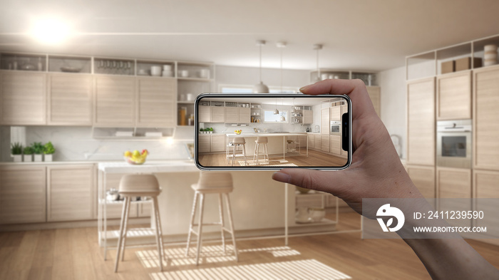 Hand holding smart phone, AR application, simulate furniture and interior design products in real ho