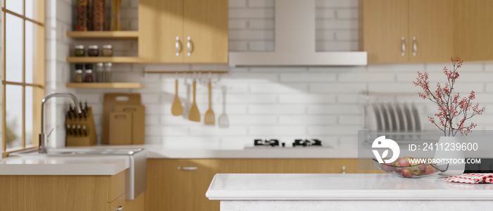 Marble kitchen counter island over blurred white and wooden kitchen room. 3d rendering