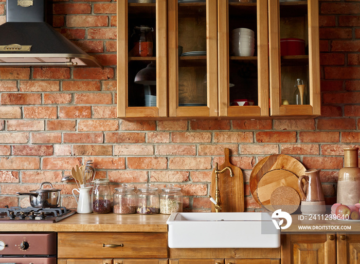 Kitchen background interior style scandinavian with glass jars and kitchen stove.