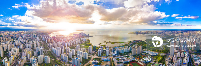 Panoramic Aerial View of Haikou Bay in a Sunny Day, Hainan Province, China, Asia.