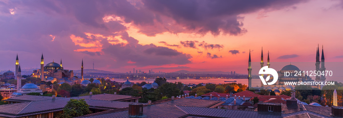 Istanbul sunset, beautiful panorama of the Hagia Sophia and the Blue Mosque, Turkey