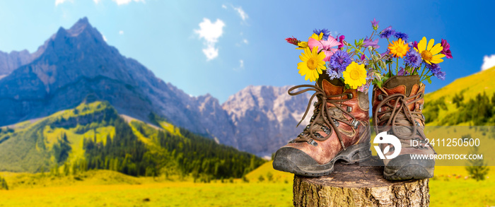 walking boots with beautiful flowers on trekking tour