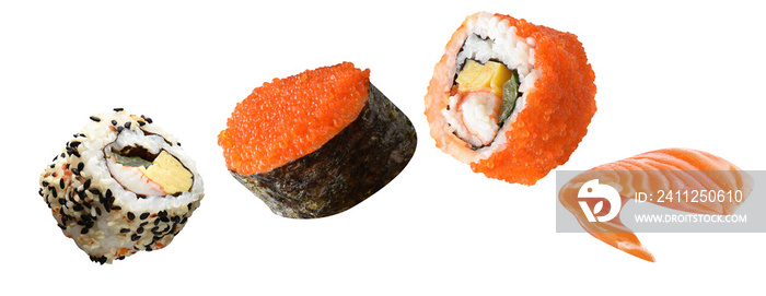 sushi vegetable fly, fish salmon sushi ,Salmon Roe sushi on white