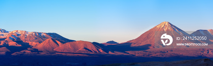 Panoramic view of licancabur volcano at sunset, San Pedro de Atacama, Atacama desert, Chile, South America