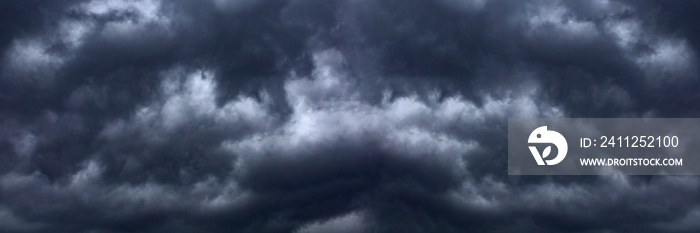 Dark cloudy sky before thunderstorm. Storm gloomy heaven cloudscape. Nature dramatic skyscape panoramic background