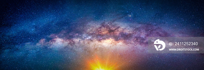 Landscape with Milky way galaxy. Sunrise and Earth view from space with Milky way galaxy. (Elements of this image furnished by NASA)