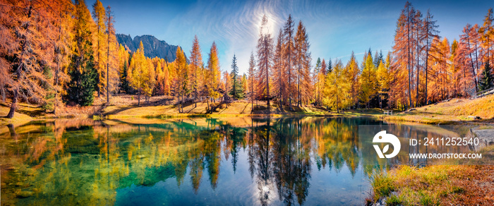 Panoramic autumn view of Scin lake. Stunning morning scene of outskirts of Cortina d’Ampezzo town,  Province of Belluno, Italy, Europe. Colorful landscape of Dolomite Alps.