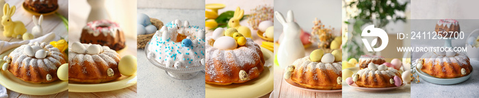 Collage of tasty Easter cakes and painted eggs on table