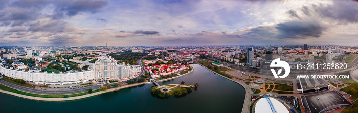 Aerial view drone, cityscape of Minsk, Belarus. Sunset. Panorama