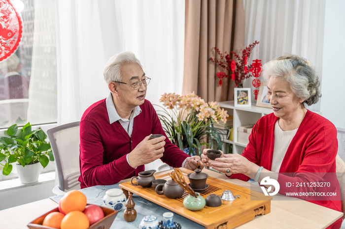 快乐的老年夫妇喝茶